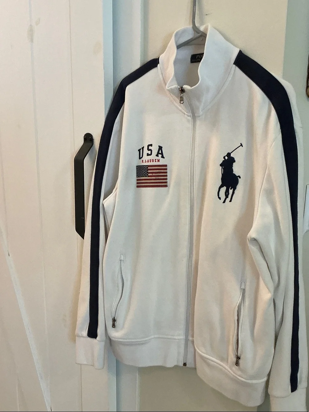 Polo by Ralph Lauren White Track Jacket with Navy Stripes and Polo Logo